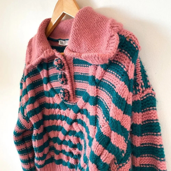 Zara Blogger Fave Striped Textured Knit Peter Pan Collared Sweater Pink & Teal M - Picture 6 of 10